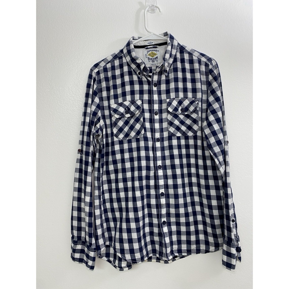 Superdry Men's Gingham Check‎ Shirt Medium Blue White Long Sleeve Casual Cotton